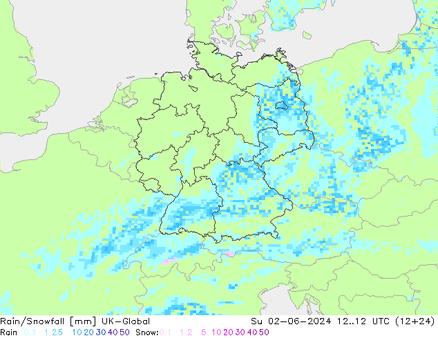 Rain/Snowfall UK-Global nie. 02.06.2024 12 UTC