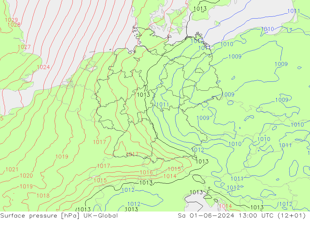 Presión superficial UK-Global sáb 01.06.2024 13 UTC