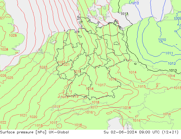 Surface pressure UK-Global Su 02.06.2024 09 UTC