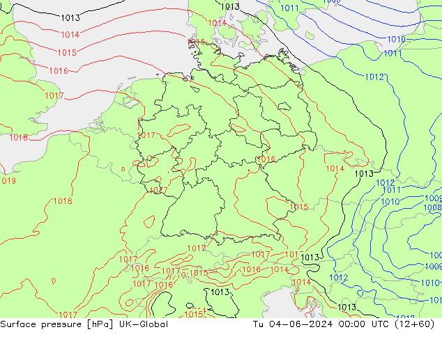 Surface pressure UK-Global Tu 04.06.2024 00 UTC