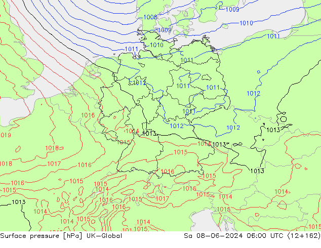 Pressione al suolo UK-Global sab 08.06.2024 06 UTC