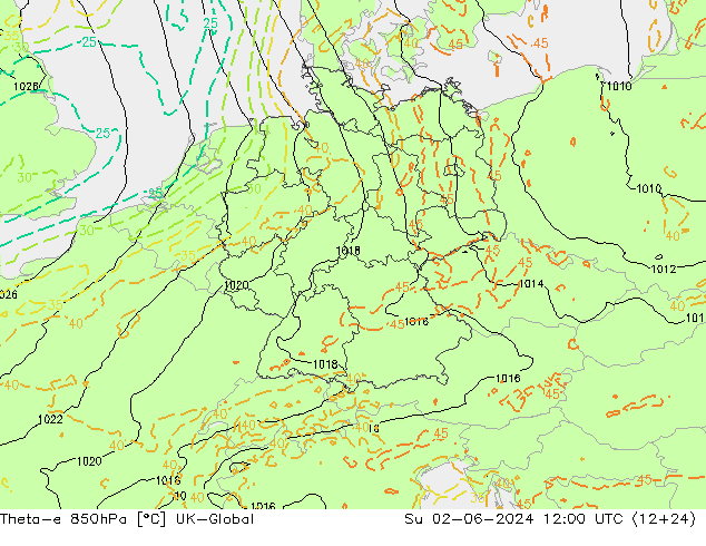 Theta-e 850hPa UK-Global Su 02.06.2024 12 UTC