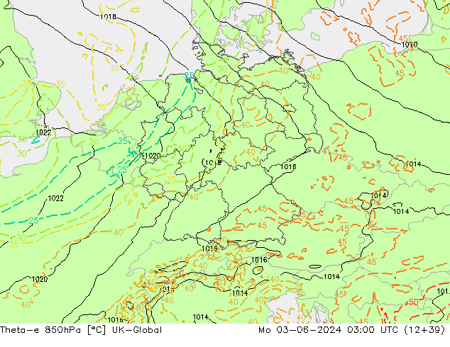 Theta-e 850hPa UK-Global Po 03.06.2024 03 UTC