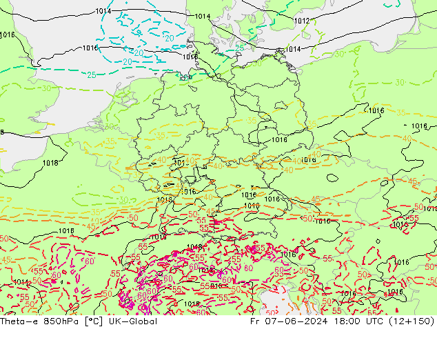 Theta-e 850hPa UK-Global  07.06.2024 18 UTC