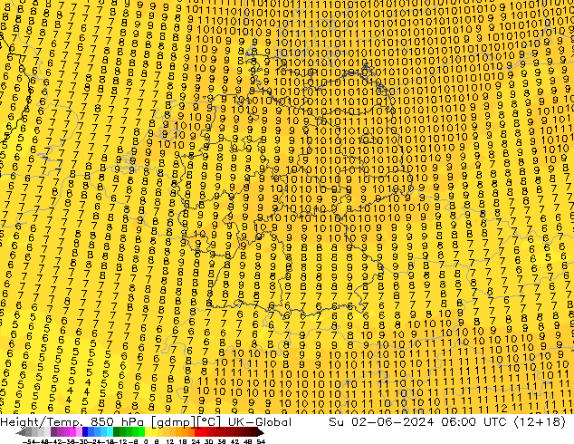 Geop./Temp. 850 hPa UK-Global dom 02.06.2024 06 UTC