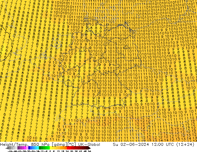 Height/Temp. 850 hPa UK-Global So 02.06.2024 12 UTC