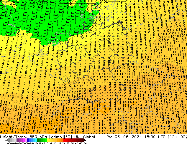 Height/Temp. 850 hPa UK-Global Mi 05.06.2024 18 UTC