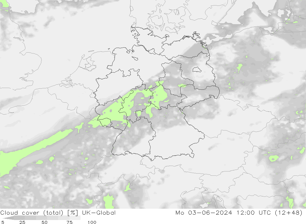 Cloud cover (total) UK-Global Po 03.06.2024 12 UTC