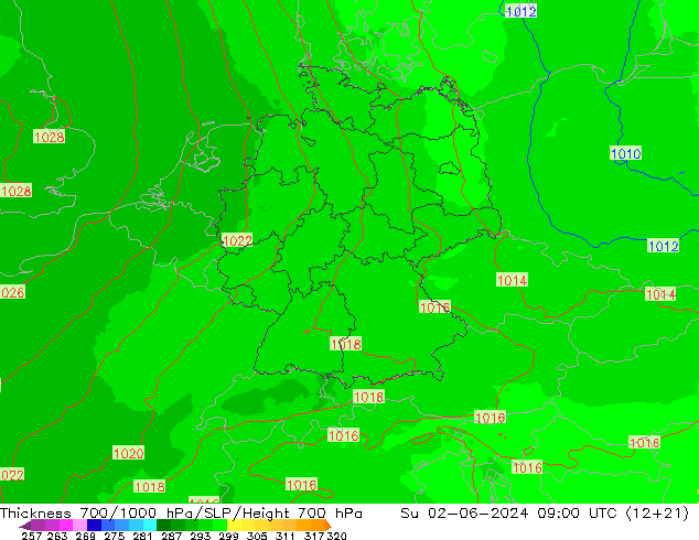 Thck 700-1000 hPa UK-Global Dom 02.06.2024 09 UTC