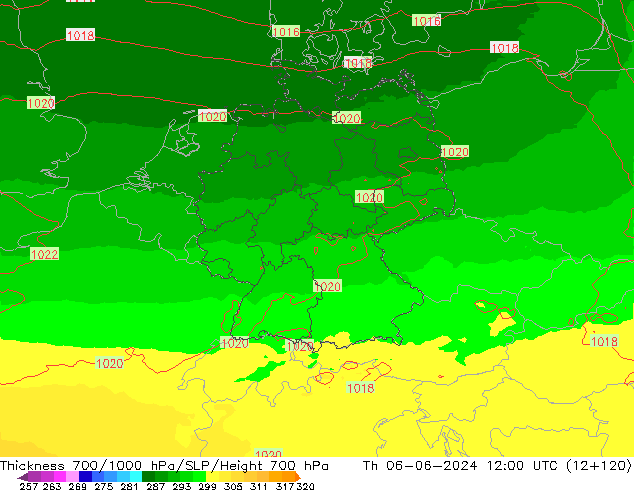 Dikte700-1000 hPa UK-Global do 06.06.2024 12 UTC