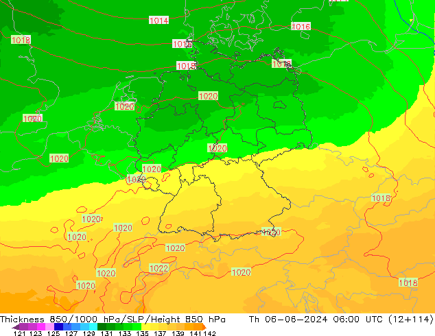 850-1000 hPa Kalınlığı UK-Global Per 06.06.2024 06 UTC