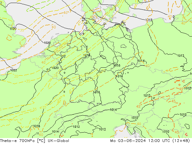 Theta-e 700hPa UK-Global ma 03.06.2024 12 UTC