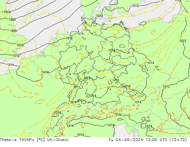 Theta-e 700гПа UK-Global вт 04.06.2024 12 UTC