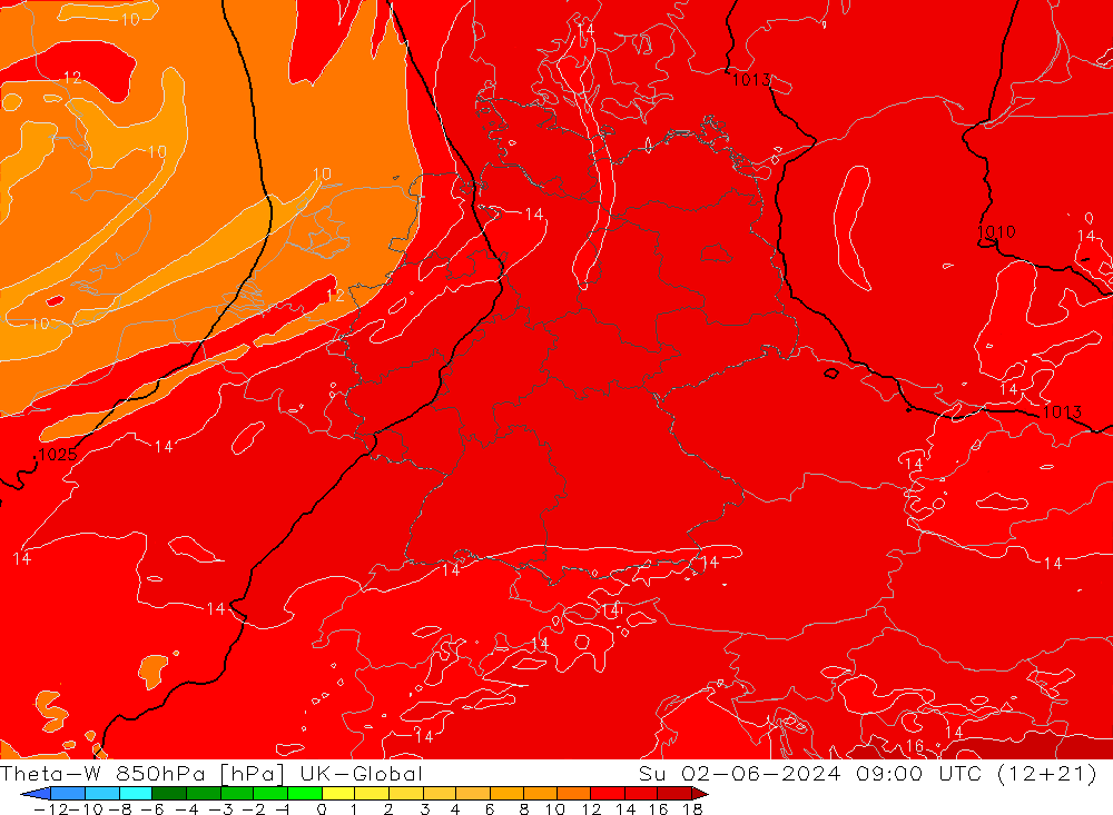 Theta-W 850гПа UK-Global Вс 02.06.2024 09 UTC