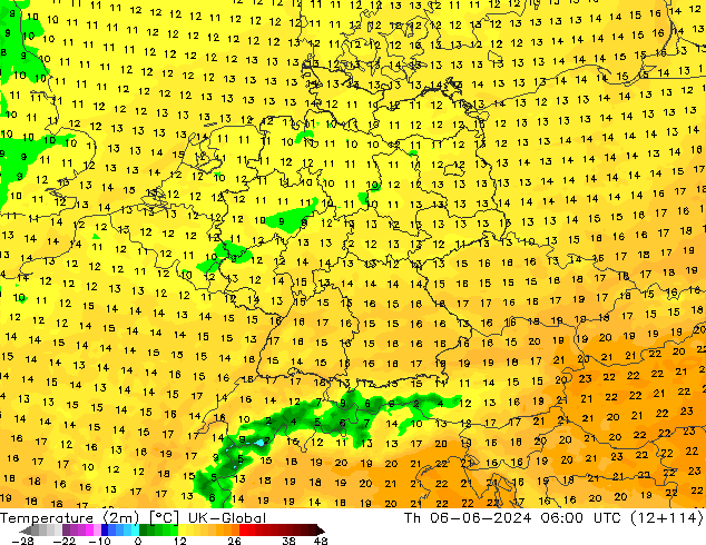 Temperatura (2m) UK-Global gio 06.06.2024 06 UTC