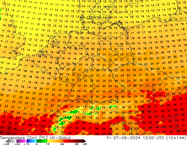 Temperatuurkaart (2m) UK-Global vr 07.06.2024 12 UTC