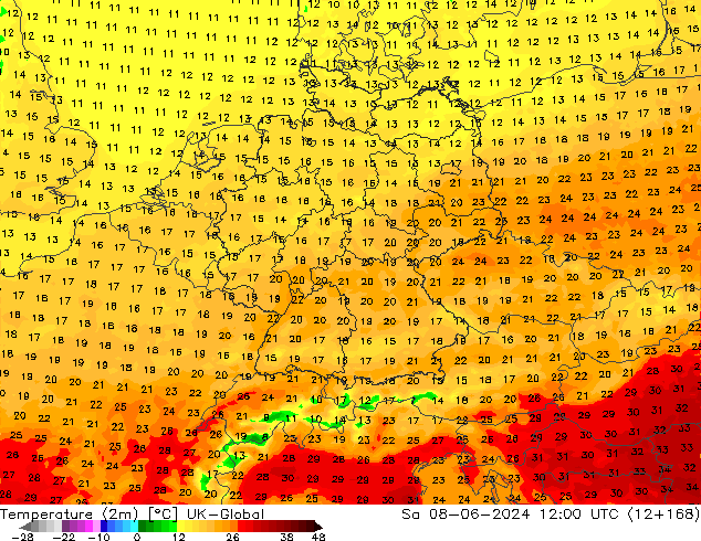 Temperatuurkaart (2m) UK-Global za 08.06.2024 12 UTC