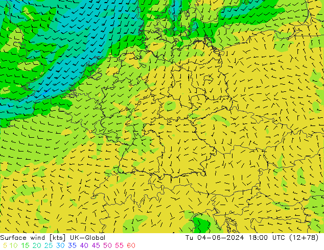 Surface wind UK-Global Tu 04.06.2024 18 UTC