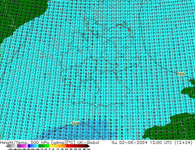 Géop./Temp. 500 hPa UK-Global dim 02.06.2024 12 UTC