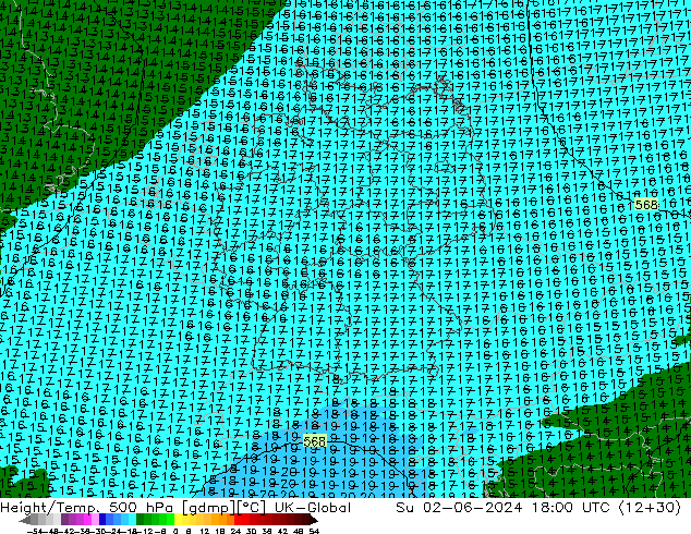 Height/Temp. 500 hPa UK-Global Su 02.06.2024 18 UTC