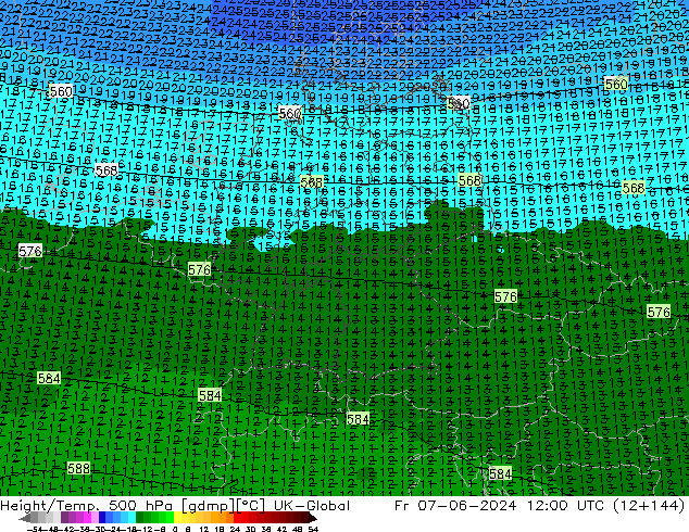 Hoogte/Temp. 500 hPa UK-Global vr 07.06.2024 12 UTC