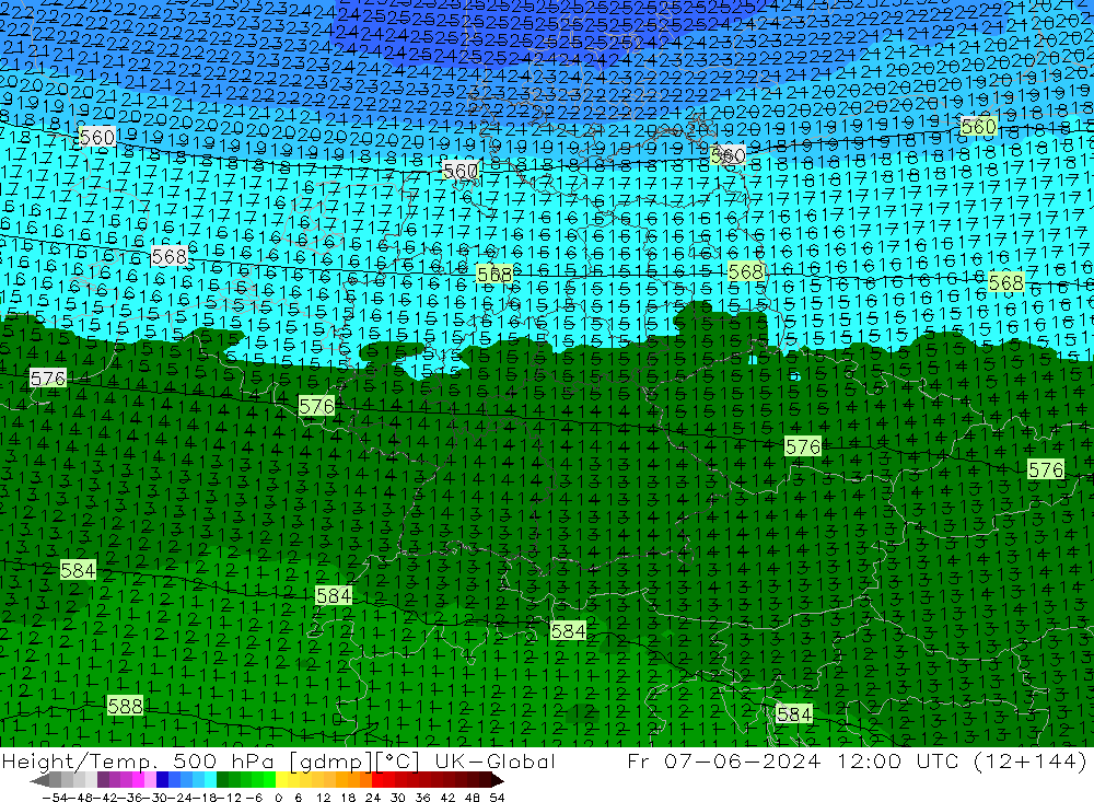 Height/Temp. 500 hPa UK-Global Fr 07.06.2024 12 UTC