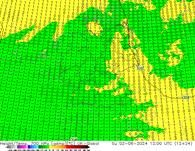 Height/Temp. 700 hPa UK-Global Dom 02.06.2024 12 UTC