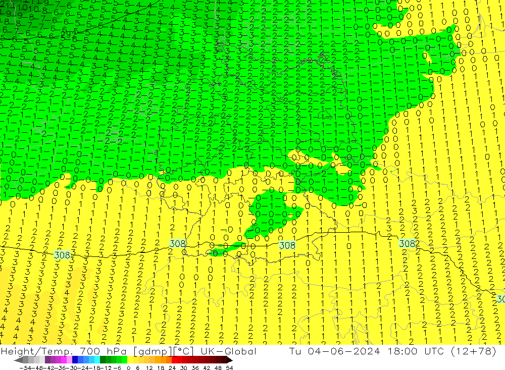 Hoogte/Temp. 700 hPa UK-Global di 04.06.2024 18 UTC