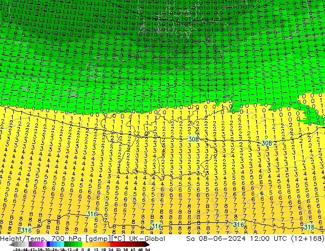 Height/Temp. 700 hPa UK-Global So 08.06.2024 12 UTC