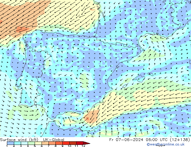Surface wind (bft) UK-Global Fr 07.06.2024 06 UTC