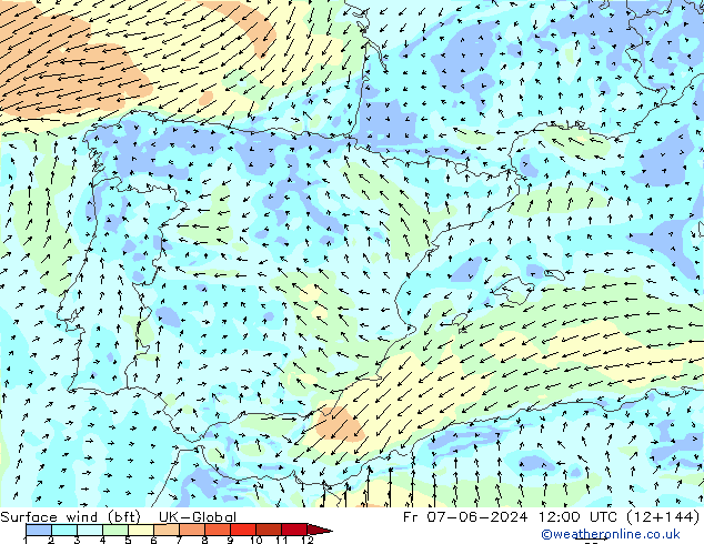 Surface wind (bft) UK-Global Fr 07.06.2024 12 UTC