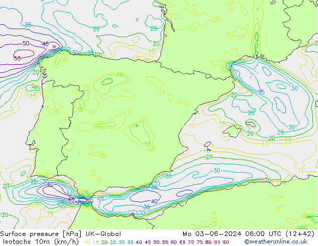 Isotachs (kph) UK-Global lun 03.06.2024 06 UTC