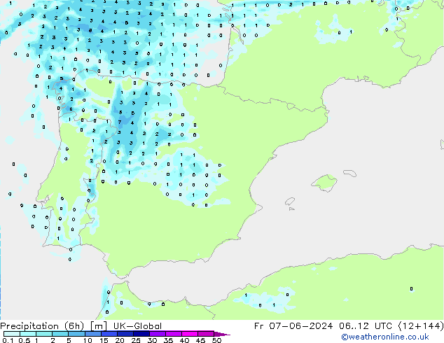 Precipitazione (6h) UK-Global ven 07.06.2024 12 UTC