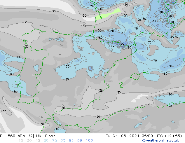 RH 850 hPa UK-Global Tu 04.06.2024 06 UTC