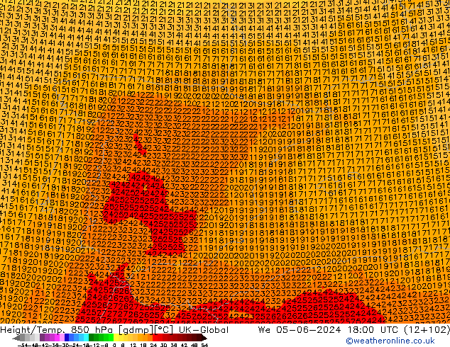 Géop./Temp. 850 hPa UK-Global mer 05.06.2024 18 UTC