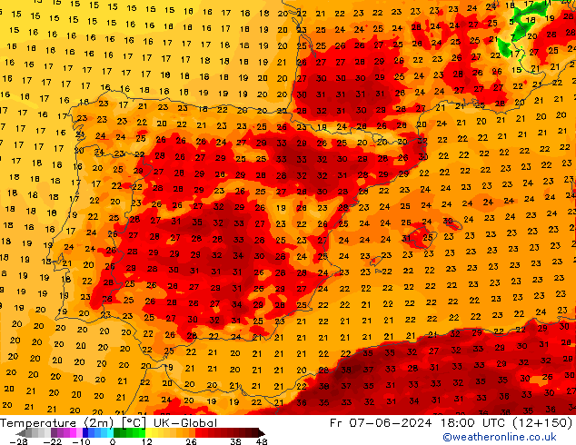 Temperatuurkaart (2m) UK-Global vr 07.06.2024 18 UTC