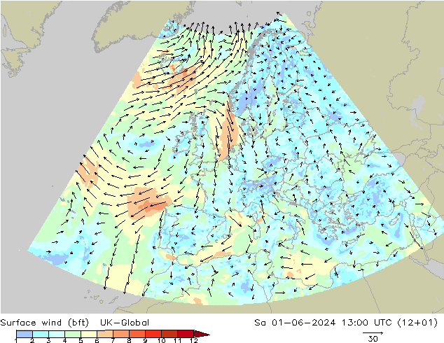 Surface wind (bft) UK-Global Sa 01.06.2024 13 UTC