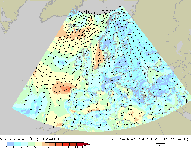 Surface wind (bft) UK-Global Sa 01.06.2024 18 UTC