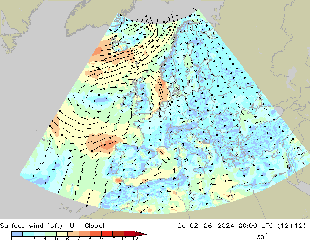 Wind 10 m (bft) UK-Global zo 02.06.2024 00 UTC