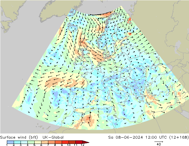 Vent 10 m (bft) UK-Global sam 08.06.2024 12 UTC
