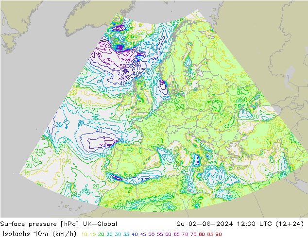 Isotachen (km/h) UK-Global zo 02.06.2024 12 UTC