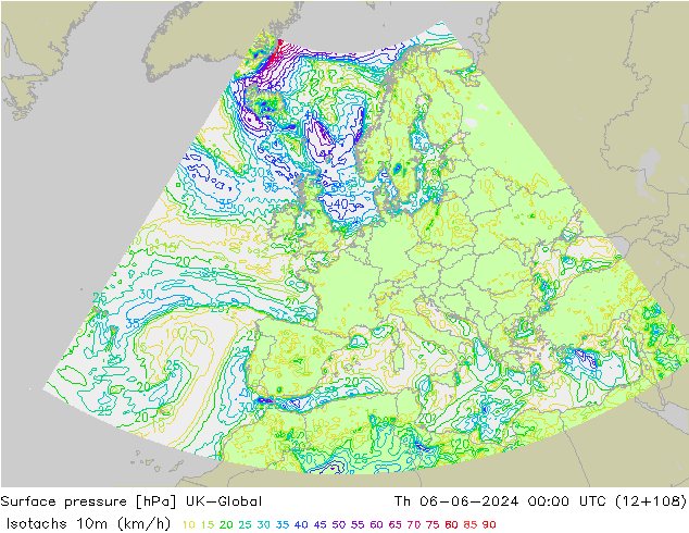 Isotaca (kph) UK-Global jue 06.06.2024 00 UTC