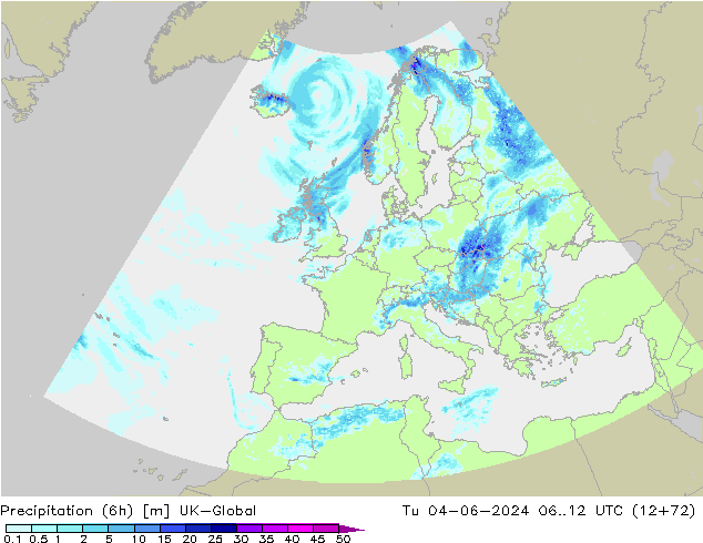 Totale neerslag (6h) UK-Global di 04.06.2024 12 UTC
