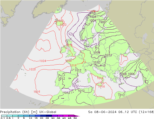 Totale neerslag (6h) UK-Global za 08.06.2024 12 UTC