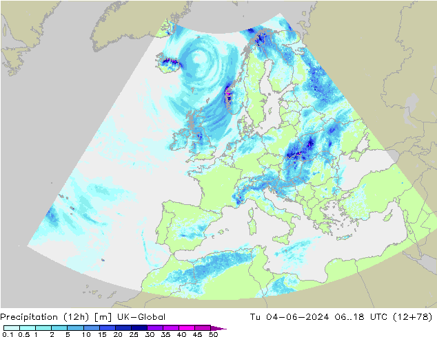 Precipitation (12h) UK-Global Tu 04.06.2024 18 UTC