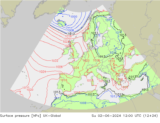 Pressione al suolo UK-Global dom 02.06.2024 12 UTC