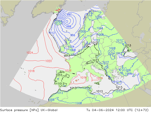 Surface pressure UK-Global Tu 04.06.2024 12 UTC