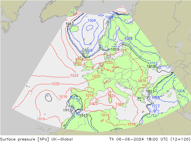 Pressione al suolo UK-Global gio 06.06.2024 18 UTC