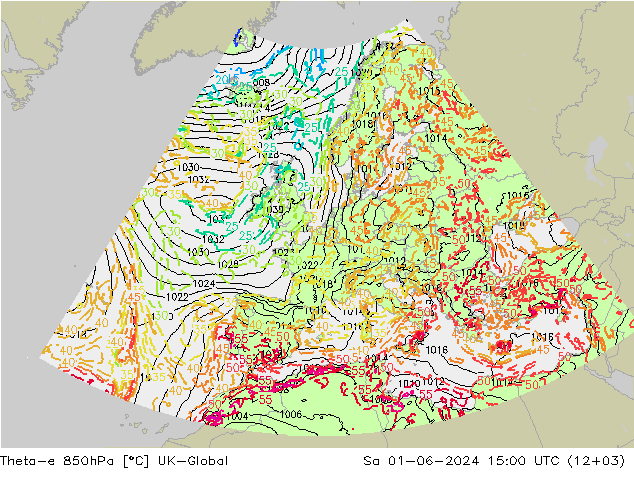 Theta-e 850hPa UK-Global So 01.06.2024 15 UTC