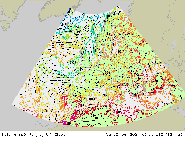 Theta-e 850hPa UK-Global nie. 02.06.2024 00 UTC